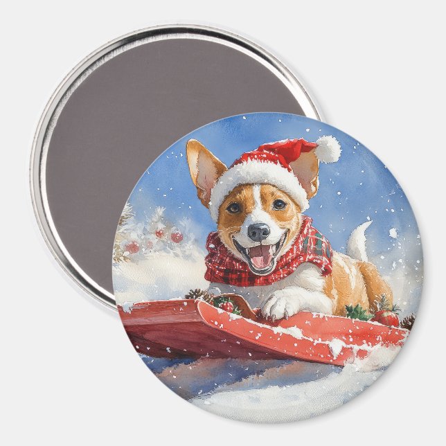 Basenji Dog in Sledge Let it Snow Christmas Magnet (Front/Back)