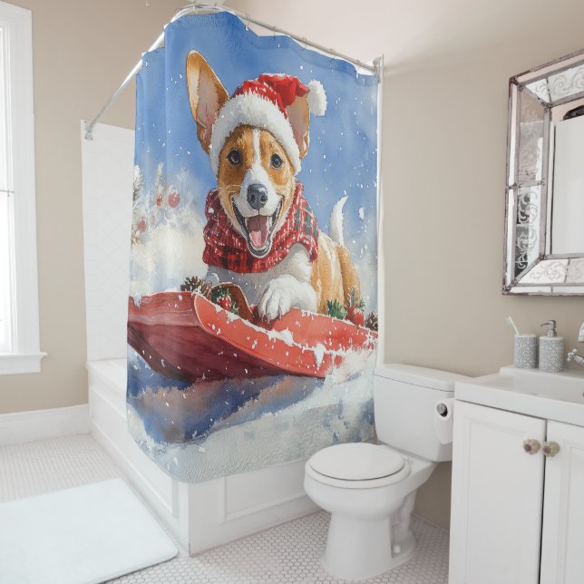 Basenji Dog in Sledge Let it Snow Christmas Shower Curtain (In Situ)