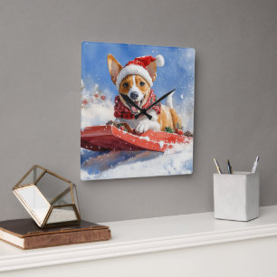 Basenji Dog in Sledge Let it Snow Christmas Square Wall Clock