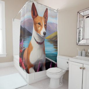Basenji Dog on a Paddle: A Scenic Adventure Shower Curtain