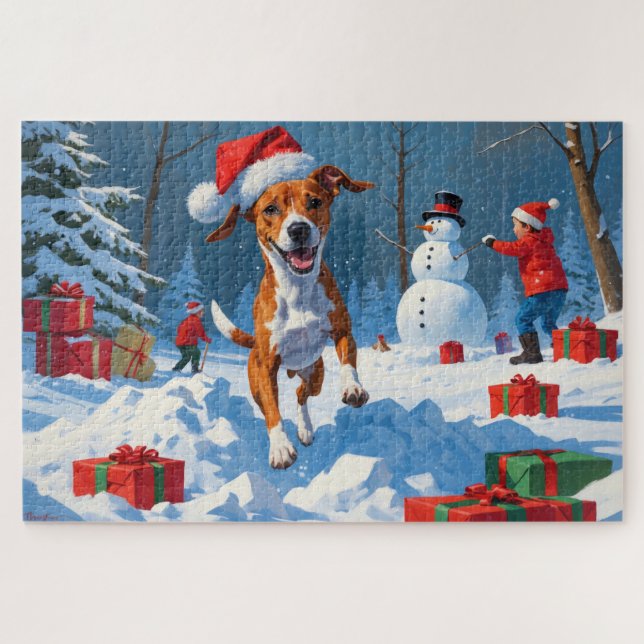 Basenji Dog Playing in Snow Winter Scene Jigsaw Puzzle (Horizontal)