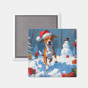 Basenji Dog Playing in Snow Winter Scene Magnet