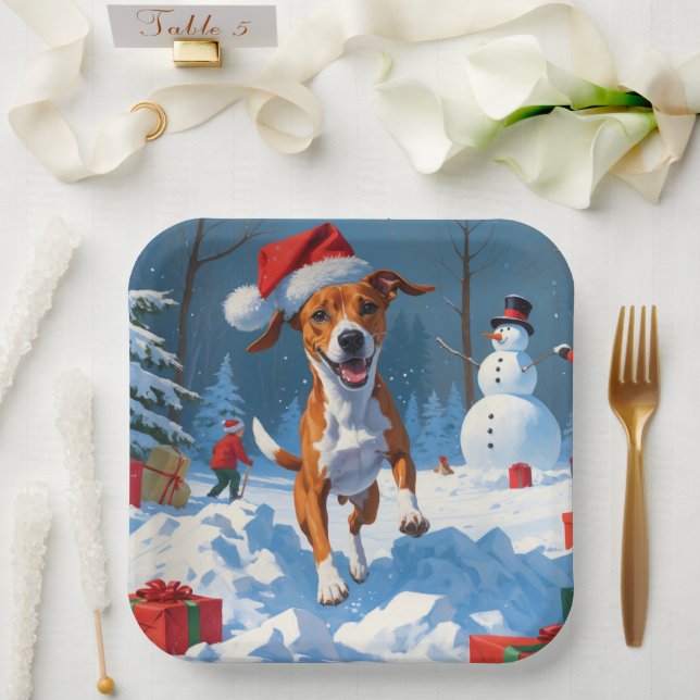 Basenji Dog Playing in Snow Winter Scene Paper Plate (Wedding)