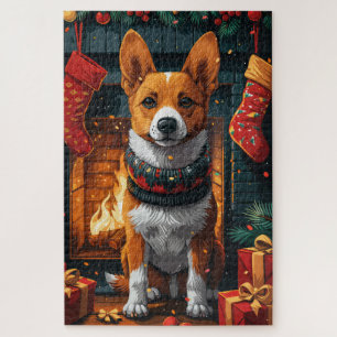 Basenji Dog With Christmas Gifts Fireplace Jigsaw Puzzle
