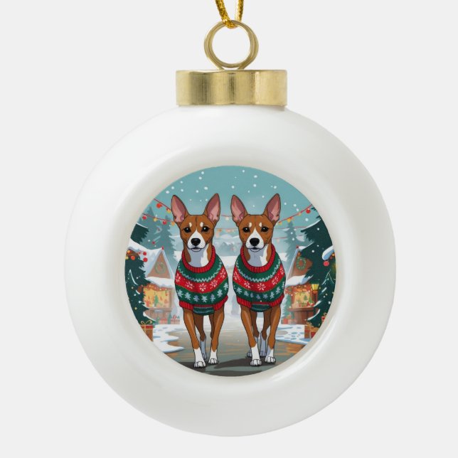 Basenji Dogs Christmas Snow Holiday  Ceramic Ball Christmas Ornament (Front)