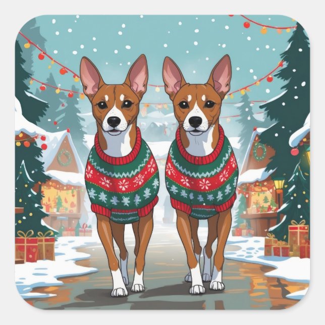 Basenji Dogs Christmas Snow Holiday  Square Sticker (Front)