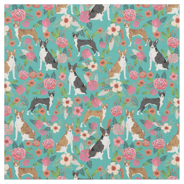 Basenji dogs vintage florals turquoise fabric (Close Up)