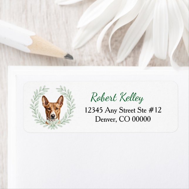 Basenji Eucalyptus Leaf Wreath Return Address Label (Insitu)