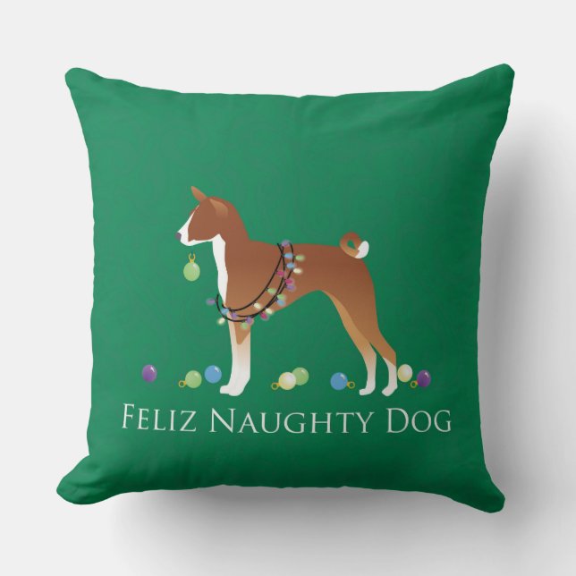 Basenji Feliz Naughty Dog Christmas Cushion (Front)