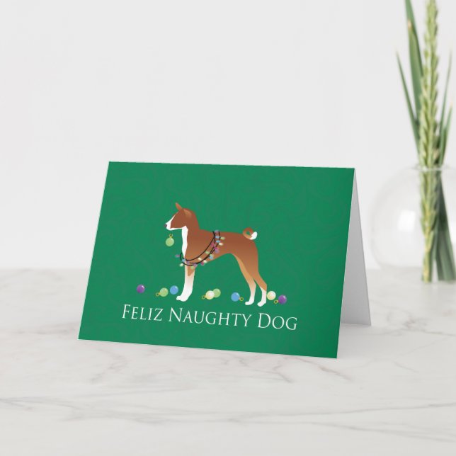 Basenji Feliz Naughty Dog Christmas Holiday Card (Front)