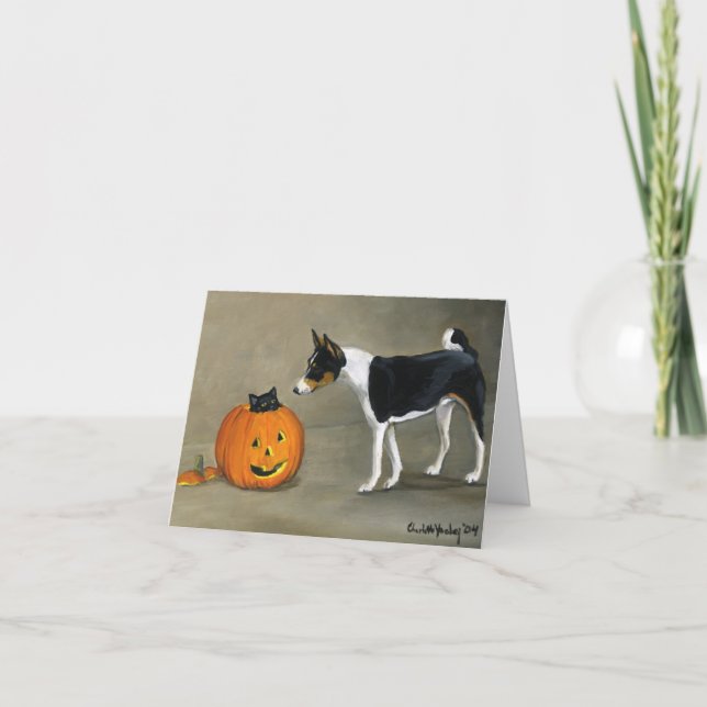"Basenji Halloween" Dog Art Notecard (Front)