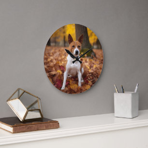 Basenji in Autumn Leaves Fall Inspire Large Clock