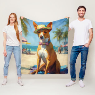 Basenji  on Beach, summer gift for dog lovers  Fleece Blanket