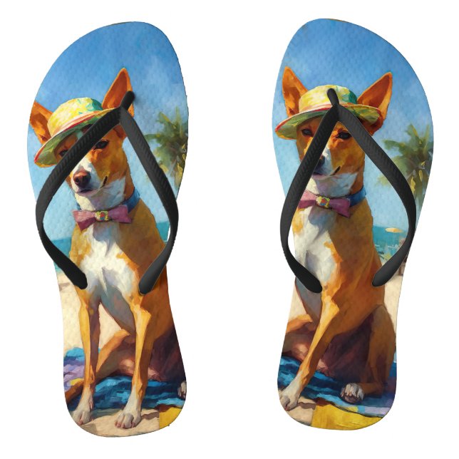 Basenji  on Beach, summer gift for dog lovers  Thongs (Footbed)