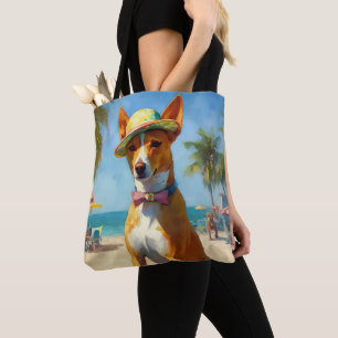 Basenji  on Beach, summer gift for dog lovers  Tote Bag