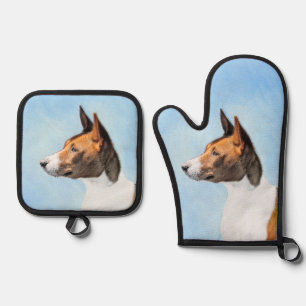 Basenji Painting Chestnut Red Brindle Cute Dog Art Oven Mitt & Pot Holder Set
