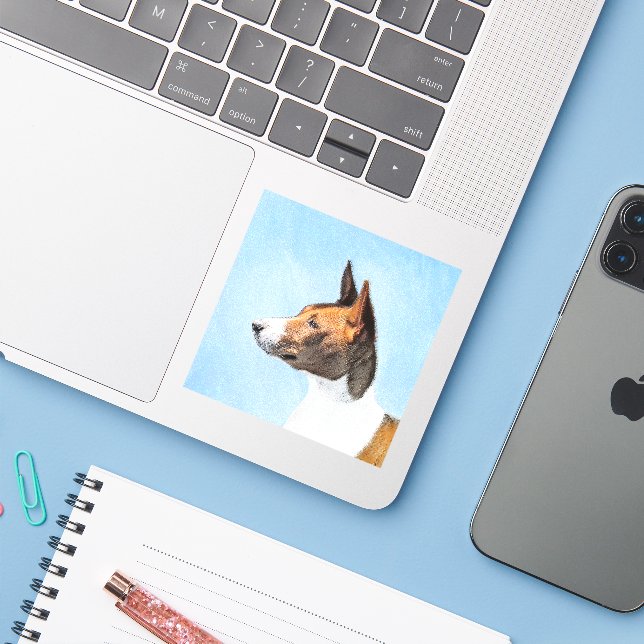 Basenji Painting - Cute Original Art (Laptop w/ iPhone)