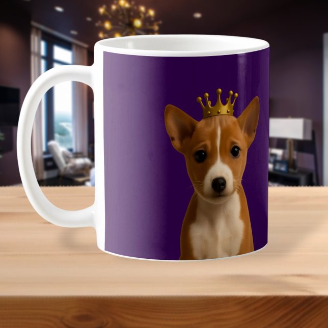 Basenji Puppy in Gold Crown Cute Coffee Mug (Basenji Puppy in Gold Crown Cute Coffee Mug by Ricaso. Adorable pup dog on purple background)