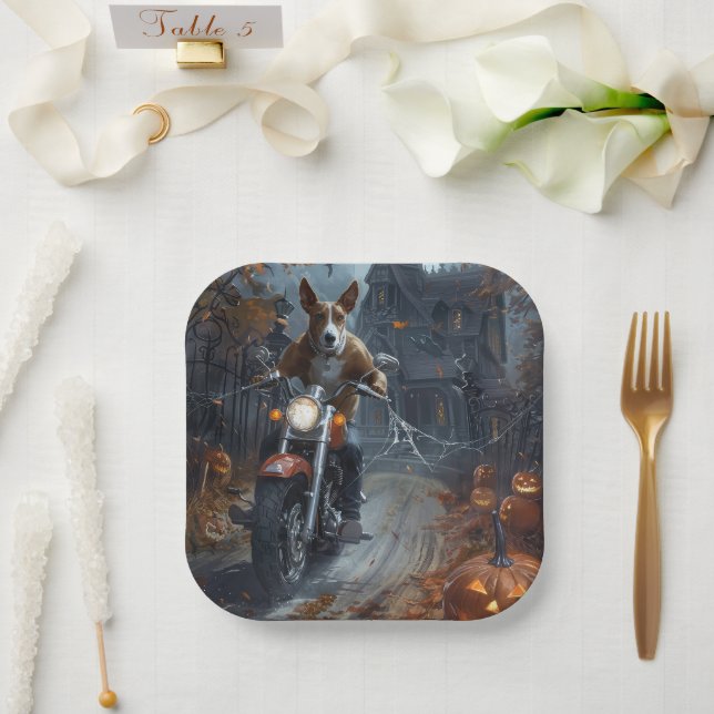 Basenji Riding Motorcycle Halloween Scary Paper Plate (Wedding)