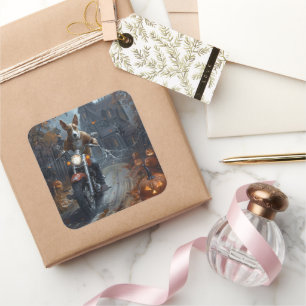 Basenji Riding Motorcycle Halloween Scary Square Sticker