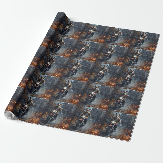 Basenji Riding Motorcycle Halloween Scary Wrapping Paper (Unrolled)