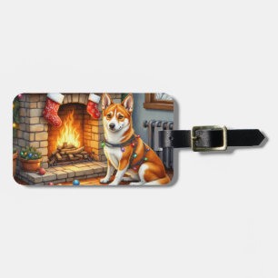 Basenji Sitting by Fireplace with Christmas Lights Luggage Tag