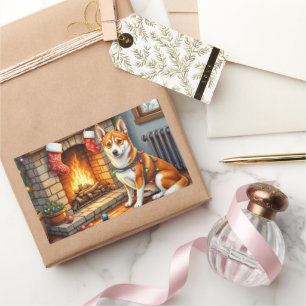 Basenji Sitting by Fireplace with Christmas Lights Rectangular Sticker