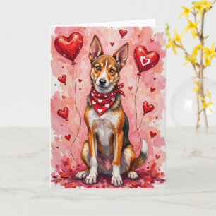 Basenji Valentine Dog Sitting with Hearts Red Card