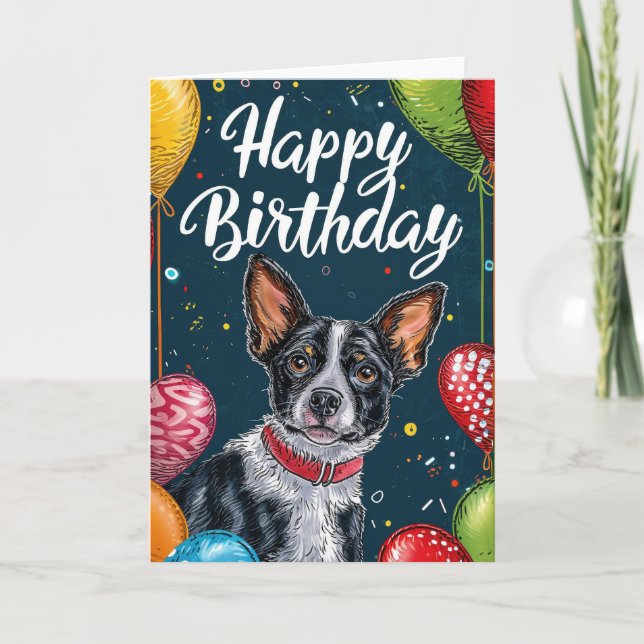 Basenji with Balloons Birthday Card (Front)