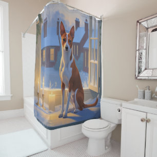 Basenji With Christmas Lights Holiday Shower Curtain