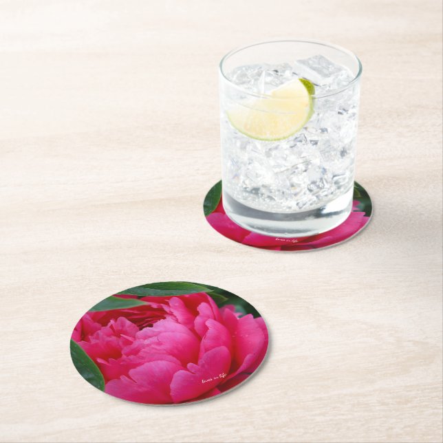 Bashful Pink Peony Round Paper Coaster (Insitu)