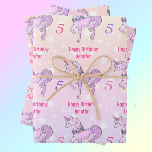 Bashful Unicorn Personalise Name Age Pink Stars 3  Wrapping Paper Sheet