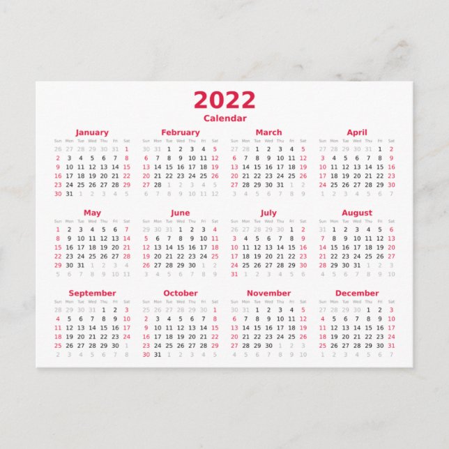 Basic 2022 Monthly Calendar Postcard (Front)