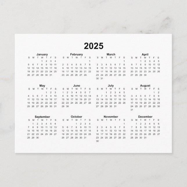 Basic 2025 Monthly Calendar Postcard (Front)