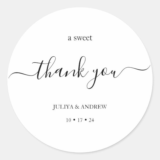 Basic black and white script wedding  classic round sticker (Front)