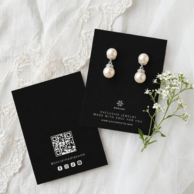 Basic Black Jewellery Display Template Logo TMF26 Business Card (Basic Minimalist Black Jewelry Display Card Template, featuring Business Logo, Custom QR Code.)
