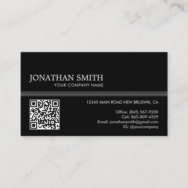 Basic Black Minimal Striped QR Code Business Card (Front)