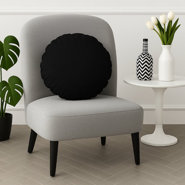 Basic Black Solid Colour Plain Simple Minimal, Round Cushion (Creator Uploaded)