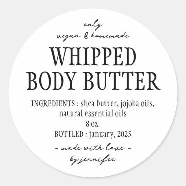Basic Bottle Whipped Body Butter Ingredients Classic Round Sticker (Front)