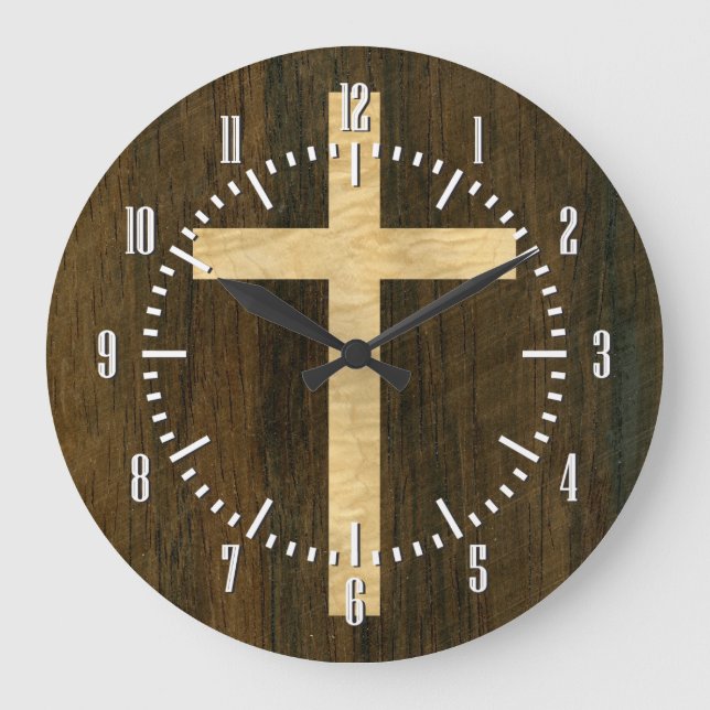 Basic Christian Cross Wooden Veneer Maple Rosewood Large Clock (Front)