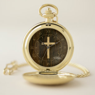 Basic Christian Cross Wooden Veneer Maple Rosewood Pocket Watch