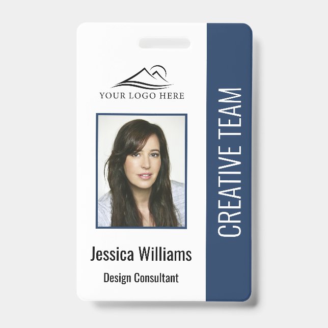 Basic Company Logo Photo Blue Employee Security ID Badge (Front)