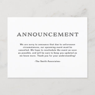 Basic Elegant Black and White Cancellation Announcement Postcard