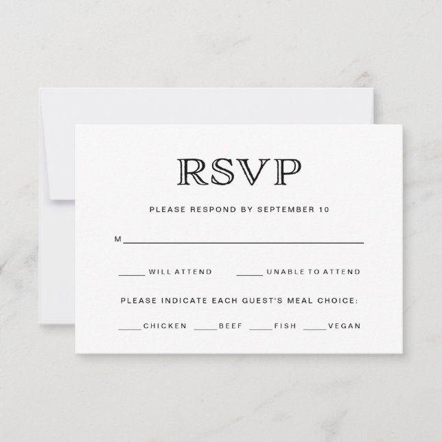 Basic Elegant Black and White Wedding Meal Choice RSVP Card (Front)