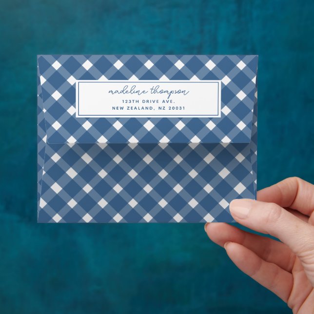 Basic Gingham Light Navy Blue Border Address  Envelope (Hand)