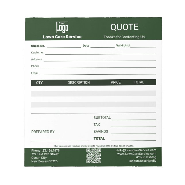 Basic Lawn Care Service Business Quote  Notepad (Front)