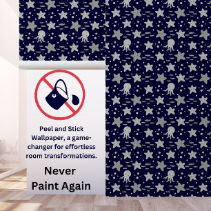 Basic Navy Blue Grey Kids Nautical Starfish Squid Wallpaper
