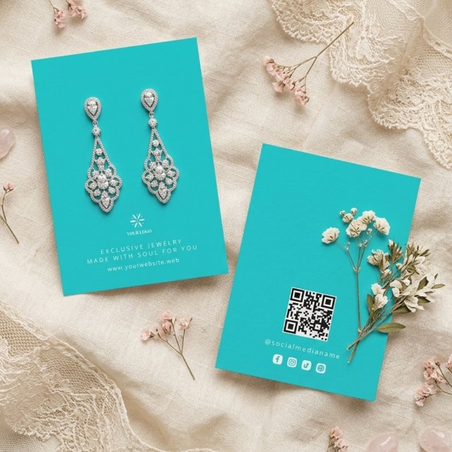 Basic Robin's Egg Blue Jewellery Display Logo TMF2 Business Card (Basic Minimalist Robin's Egg Blue Jewelry Display Card Template, featuring Business Logo, Custom QR.)