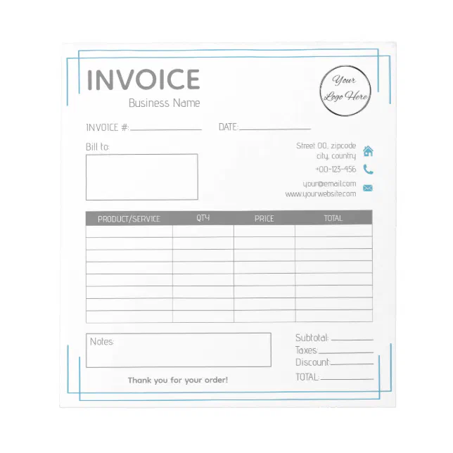 Basic white blue with logo small business invoice notepad | Zazzle