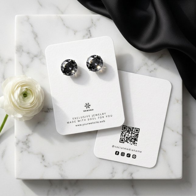 Basic White Jewellery Display Template Logo TMF26 Business Card (Basic Minimalist White Jewelry Display Card Template, featuring Business Logo, Custom QR Code.)